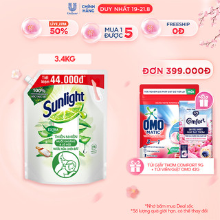 Nước Rửa Chén Bát Sunlight 100% Gốc Thực vật Thiên nhiên/Trà Xanh| Túi 3.4KG