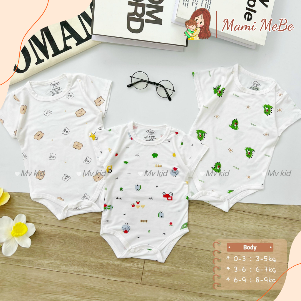 Bộ Body Chip Cộc Tay MV Kids Chất Petit Thun Lạnh Mềm Mịn, Thoáng Mát Cho Bé 3-9kg