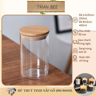 Lọ thủy tinh nắp gỗ 250ml-450ml, thủy tinh trong suốt, trụ tròn, chịu nhiệt tốt
