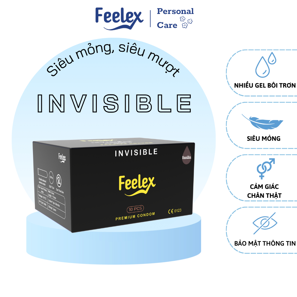 Bao cao su Feelex siêu mỏng, gân gai, nhiều gel bôi trơn - Hộp 10 chiếc