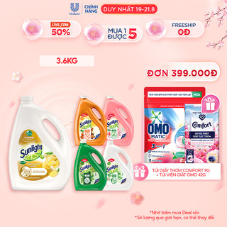 Nước Rửa Chén Bát Sunlight 100% Gốc Thực vật Lô Hội/Gừng/Trà Xanh/ Quế & Bồ hòn/Mềm dịu| Chai 3.6KG, 3.5kg