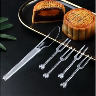 Bộ Dao + 4 nĩa nhựa cắt bánh trung thu trong suốt