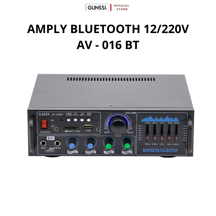 Amply Bluetooth mini AV- 016, Amply Gunssi mini có cổng cắm mic, điện áp 220v hoặc 12v