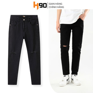 Quần Jean H90 Nam Đen Trơn, Rách, Ống Côn Ôm Dáng Slimfit Chất Bò Cotton Co Giãn QDJ01