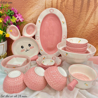 Bát Đĩa sứ Decor Chén Dĩa Sứ Dễ Thương Cute, Bát Ăn cơm trang trí đồ ăn cực đẹp Bộ thỏ cà rốt Hồng xinh Yêu