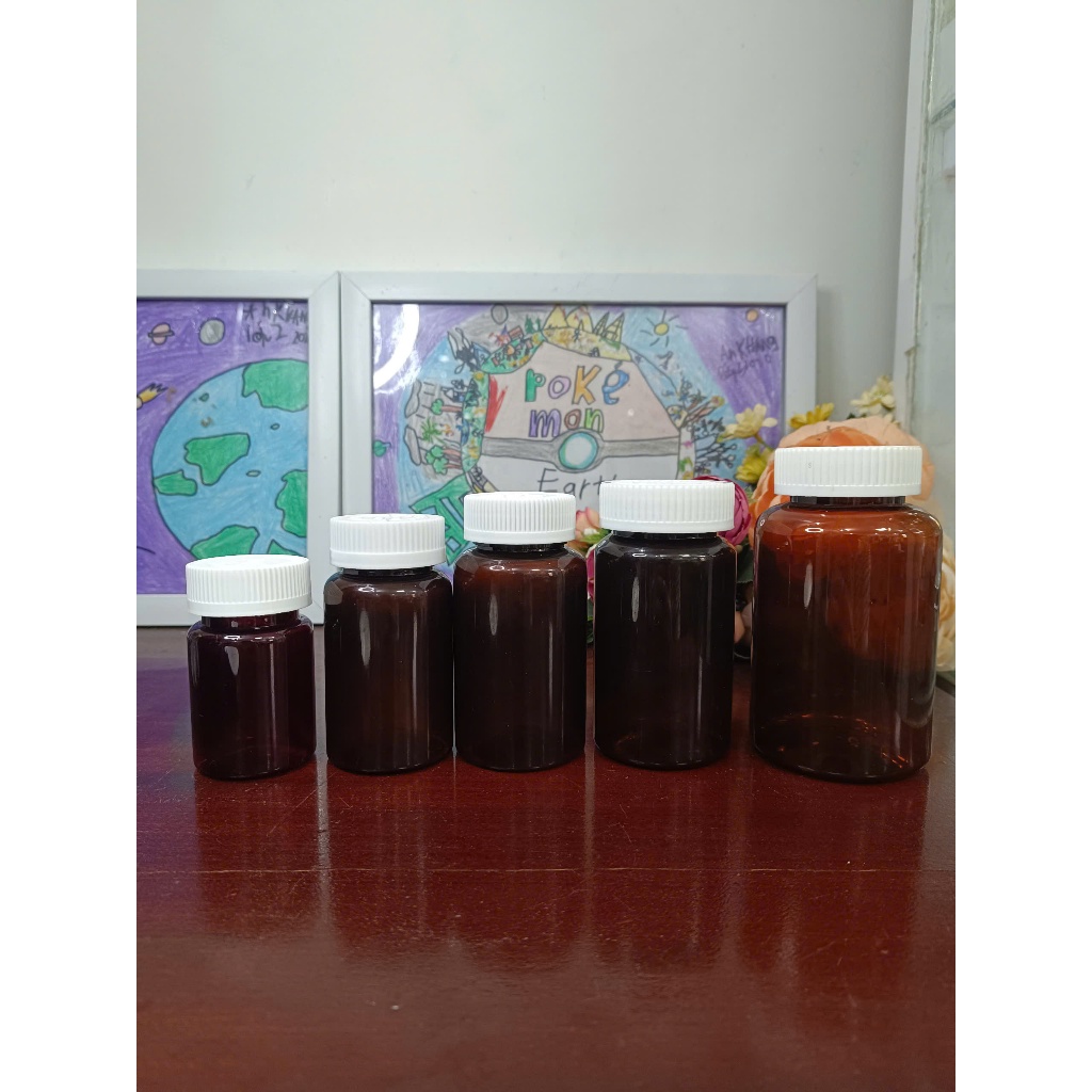 (COMBO 5 CHAI) - VỎ CHAI LỌ NHỰA ĐỰNG VIÊN 80cc, 100cc, 120cc, 150c, 200cc, 300cc NÂU NẮP NHỰA TRẮNG