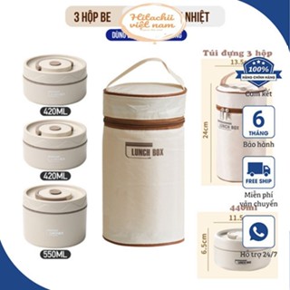 Hộp đựng cơm giữ nhiệt 3 tầng dùng được lò vi sóng ,Hộp cơm trưa văn phòng cách nhiệt  bằng thép không gỉ tặng kèm túi