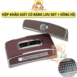 Hộp Khăn Giấy, Hộp Đựng Khăn Giấy Bọc Da Ô Tô Kiêm Đồng Hồ và  Bảng Số Điện Thoại Cao Cấp