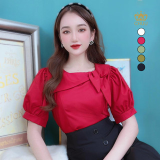 Áo sơ mi công sở nữ tay phồng nơ lá chuu a9268