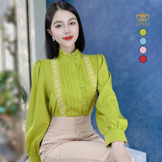 Áo sơ mi công sở nữ tay dài kiểu xếp li hoa cúc CHUU A9475