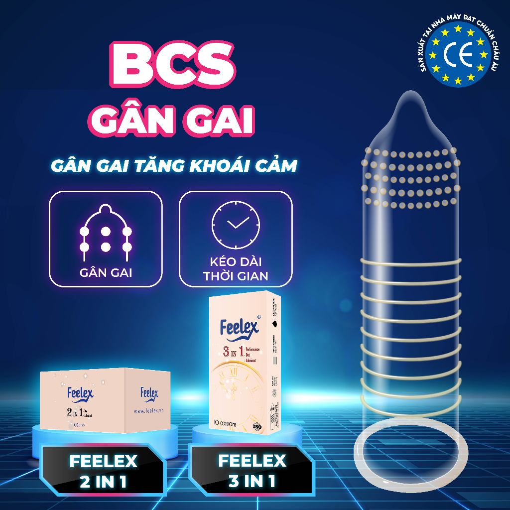 Bao cao su Feelex siêu mỏng, nhiều gel bôi trơn, hương thơm gân gai, kéo dài thời gian quan hệ