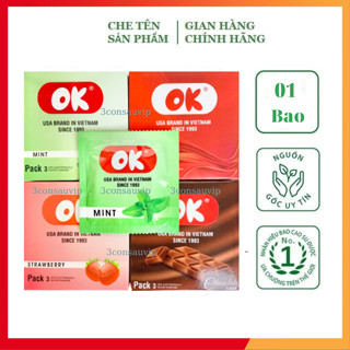 Bao cao su Ok, bao cao su siêu mỏng, size nhỏ mùi hương dâu, bạc hà, nho, socola, original, 1 bcs
