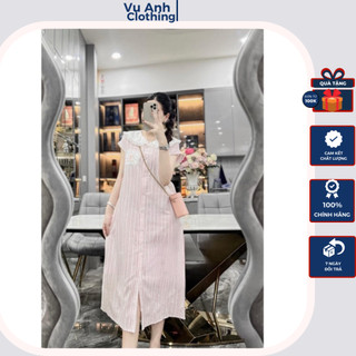 Đầm bầu thiết kế , váy bầu công sở kẻ thêu tay cánh tiên cổ bèo cách điệu túi ngực thêu chữ hot hit dáng dài