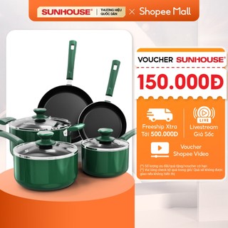 Bộ nồi chảo chống dính Sunhouse AM1101G - KHÔNG DÙNG TRÊN BẾP TỪ - 16cm/20cm/24cm/26cm - 8 món, gồm vung kính