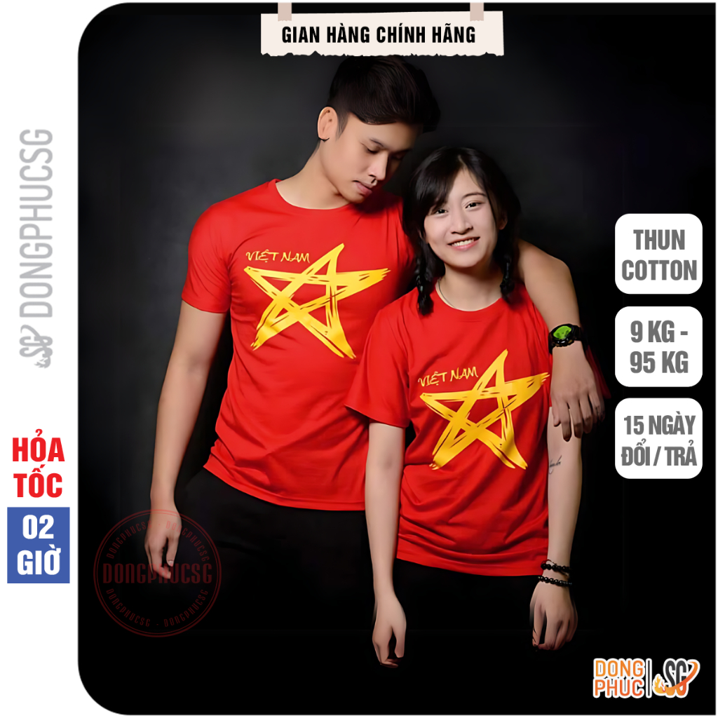 Áo cờ đỏ sao vàng đủ size trẻ em và người lớn thun cotton 4 chiều cách điệu độc đáo DONGPHUCSG