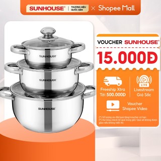 Bộ nồi Inox 3 đáy Sunhouse SH334 size 16cm-20cm-24cm - Đáy từ dùng mọi loại bếp - 3 lớp đáy - Hàng chính hãng