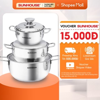 Bộ nồi Inox 3 đáy Sunhouse SH335 size 16cm-20cm-24cm - Đáy từ dùng mọi loại bếp - 3 lớp đáy - Hàng chính hãng