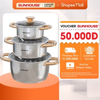 Bộ nồi inox 5 đáy Sunhouse SH781 - gồm 3 nồi với đường kính 16cm-20cm-24cm - Đáy từ dùng mọi loại bếp - 5 lớp đáy