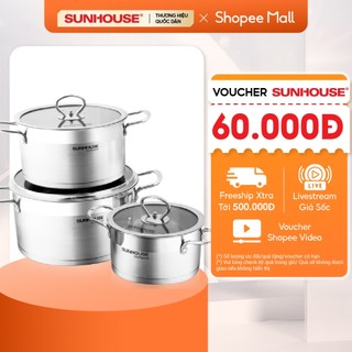 Bộ nồi inox 5 đáy Sunhouse Mama SH784: Gồm 3 nồi - Dùng mọi loại bếp - Đáy 5 lớp hạn chế cháy khét - Hàng chính hãng