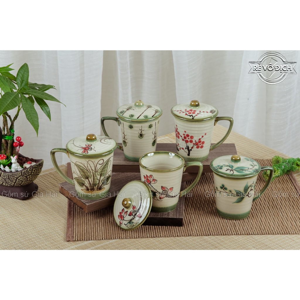 Cốc sứ đưng nước, pha trà có nắp đậy Bát Tràng