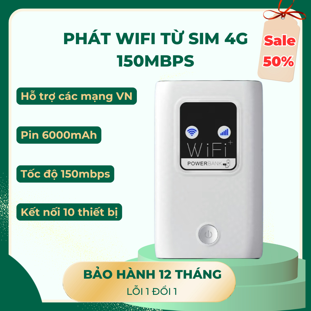 Bộ phát wifi nhỏ gọn, Cục phát 4G thành sóng wifi kiêm sạc dự phòng pin cực trâu 6000mAh tốc độ cao 