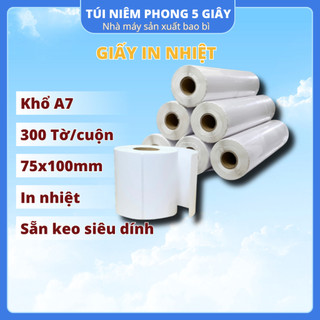 Cuộn 300 Tờ Giấy In Nhiệt, Tem Dán Khổ A7 75x100mm Siêu Tiết Kiệm - 5 Giây