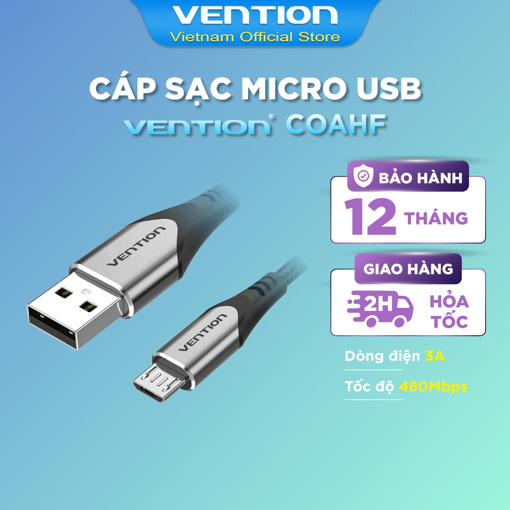 Cáp sạc nhanh Micro USB VENTION COAHF (2A, Micro USB, 1m, Aluminum Alloy Type)