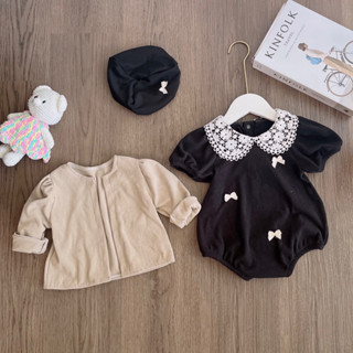 (Kèm Mũ Nồi + Áo Khoác) Set Body Chip Thu Đông Cho Bé Gái Từ Sơ Sinh 3-11Kg Chất Nhung Màu Đen Kèm Áo Khoác Dài Tay