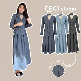 Set Áo Nữ Kiểu Dài Tay Cổ V Vạt Đuôi Tôm Có Dây Cổ Kèm Chân Váy Dài Xoè Xếp Ly Trước Nữ Tính -CECI.studio- S245