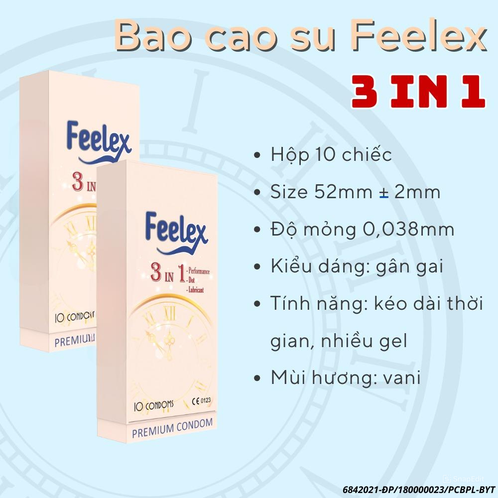 Bao cao su gai Feelex 3 in 1 gân gai, kéo dài thời gian, nhiều gel, tiện lợi - hộp 10 chiếc