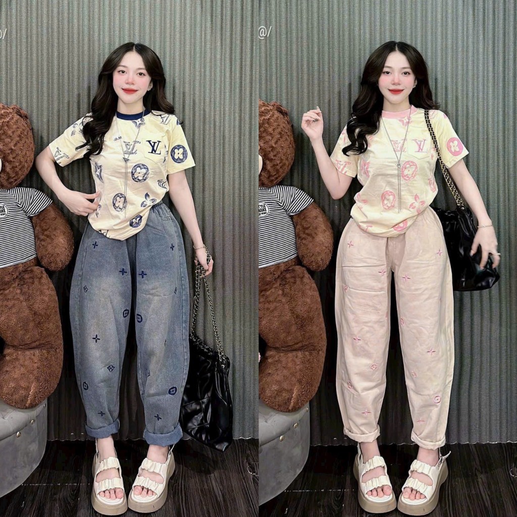 Set bộ áo phông tay ngắn in 5d họa tiết Luôn Vui Tươi+quần jean baggy họa tiết có túi