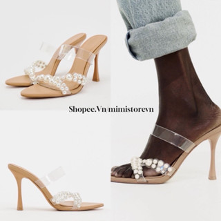  Guốc ZR nữ mũi nhọn quai mica trong đính hạt cườm trắng fullbox MS-7785 