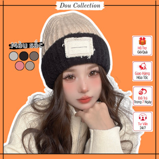 Mũ Len Unisex, Nón Len Nam Nữ Đan Tay Phối 2 Màu Đính Kèm Tag Giả Dòng Chữ Giữa Nón Thời Trang Thu Đông - Mã NL040