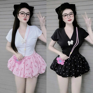 Set bộ áo cổ tim tay ngắn đính nơ nổi + quần short bí phồng đính nơ hồng