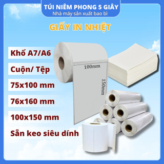 Giấy in nhiệt, tem in đơn có keo dính sẵn khổ A6 A7 Cuộn/Tệp 300 tờ, 500 tờ tiện dụng dùng cho máy in nhiệt - 5giây