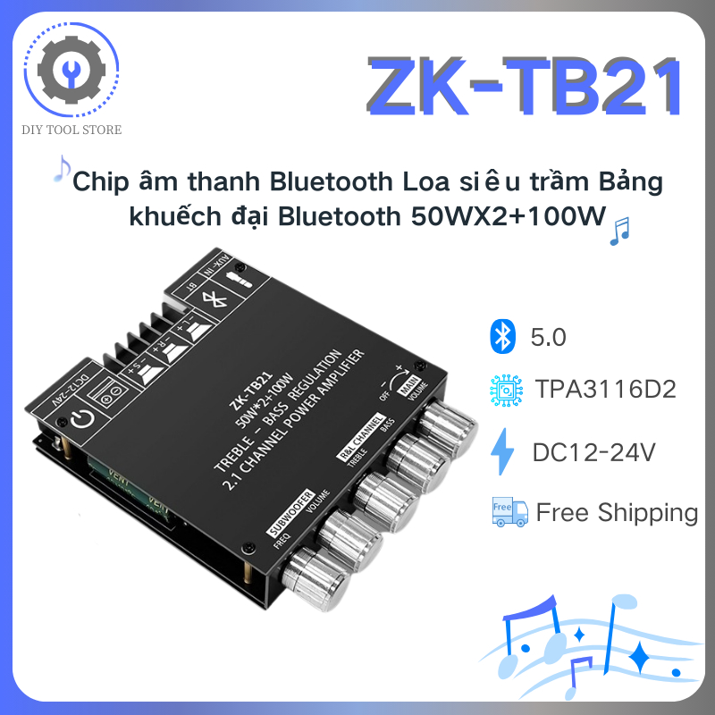 ZK-TB21 chip lớn âm thanh bluetooth nhập khẩu chip siêu trầm bo mạch khuếch đại bluetooth 5.0 50WX2 + 100W âm thanh nổi