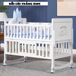 Nôi Cũi Cho Bé Màu Trắng [Trọn bộ QUÂY + MÀN + NỆM], Cũi Em Bé Gỗ Thông 2 Tầng Đa năng 6in1