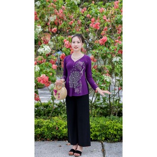 Áo bà ba nữ tay dài cổ tim, đính đá hình chim công thời trang, vải thun co giãn - Cúc Dưỡng P2