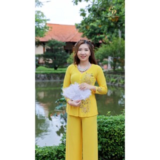 Set bộ bà ba nữ, áo tay dài cổ tim đính đá thời trang kèm quần dài ống rộng (NB-BBOR) - Cúc Dưỡng