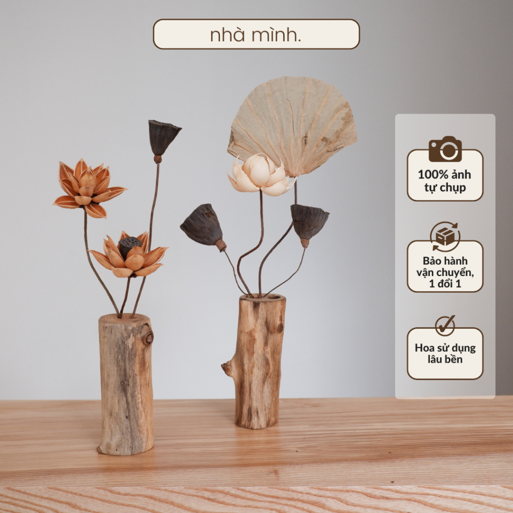 Lọ Hoa Sen Gỗ Lũa Và Set Hoa, Lọ Hoa Để Bàn, Bình Hoa Decor Nhà Cửa, Lọ Gỗ Lũa Trang Trí