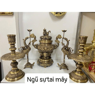 Bộ đỉnh thờ lư thờ bằng đồng , bộ ngũ sự đỉnh hạc nến cao 50cm hun màu giả cổ