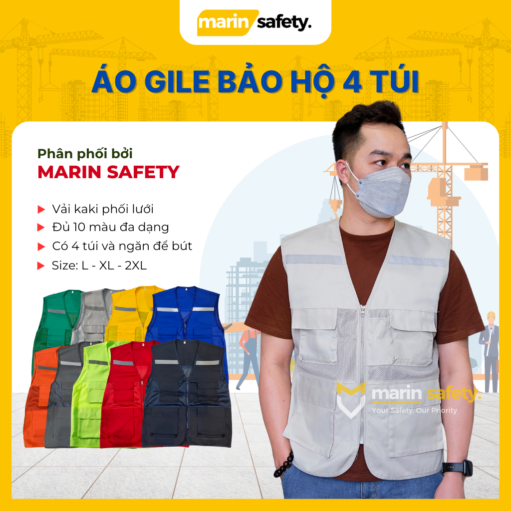 Áo bảo hộ lao động kỹ sư, áo gile bảo hộ 4 túi hộp vải kaki/poly phối lưới nhiều màu