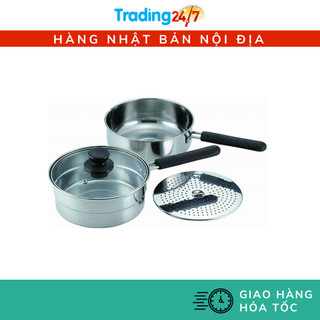 [Hỏa tốc HCM] Bộ 2 nồi chảo ăn dặm hợp kim nhôm, inox chống dính quấy bột có khay hấp kèm nắp đậy Kakuse Nhật Bản cho bé