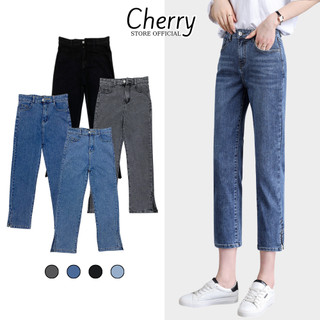 Quần jean nữ ống đứng dáng lửng xẻ gấu phong cách Hàn Quốc quần bò nữ ống suông co giãn CHERRY T031