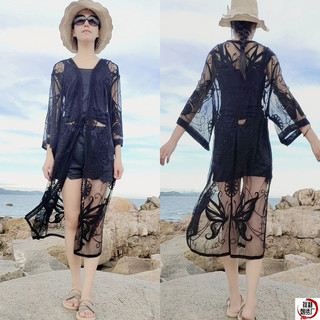 ÁO KHOÁC ĐI BIỂN, ÁO KIMONO ĐI BIỂN SÀNH ĐIỆU HỌA TIẾT BƯỚM MÀU ĐEN