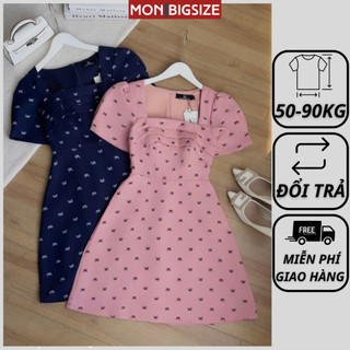 Váy bigsize nữ đầm dự tiệc đi chơi kiểu cổ vuông xếp ly họa tiết vải cotton cao cấp MON big size 50 - 90kg