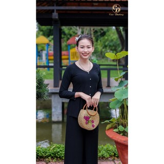 Set bộ bà ba trơn nguyên bộ đồng màu, áo tay dài cổ tim kèm quần dài ống rộng (NB-BBT) - Cúc Dưỡng