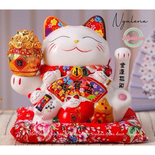 Mèo thần tài, mèo may mắn,mèo  Maneki Neko vẫy tay phong thuỷ cầu tài lộc bằng gốm sứ (kèm hộp và đệm)