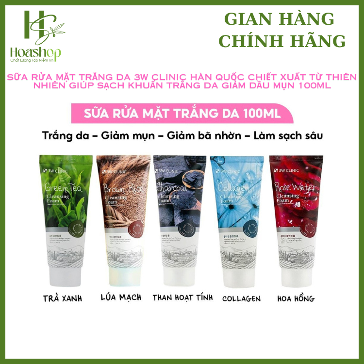 Sữa rửa mặt 3W Clinic Collagen/Trà xanh/hoa hồng/ gạo 100ml