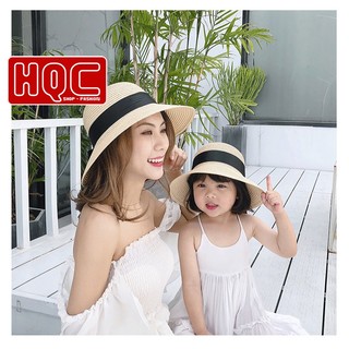 Mũ đi biển nón đi biển, mũ cho bé gái, mũ cói cột đai dài cho mẹ và bé đi biển bé từ 1-6 tuổi HQC-09